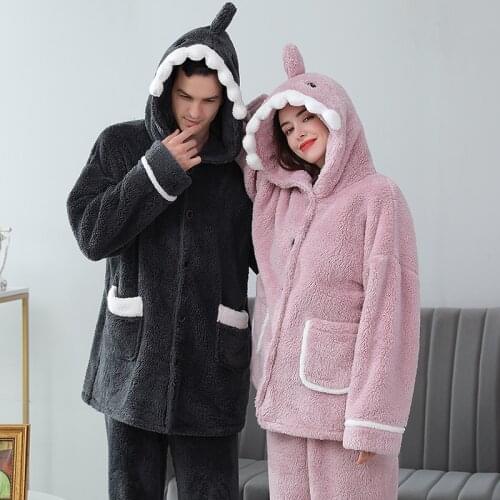 Men Winter Thicken Warm Flannel Pajama Sets Plus Size Coral Fleece Sleep Tops Women Shark Cartoon Long Sleeve Pajama Robe Sets
