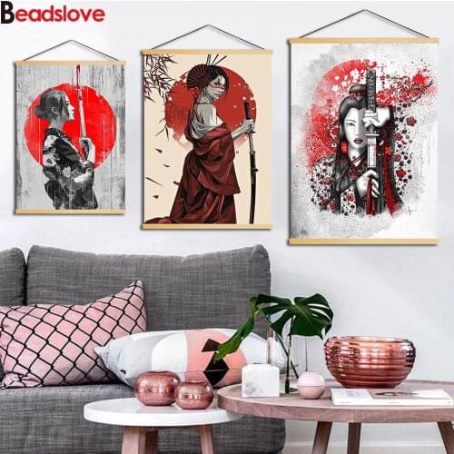 Japan Geisha Girl Sword 3 piece Full square & round diamond painting 5d diy diamond embroidery painting Black White wall art