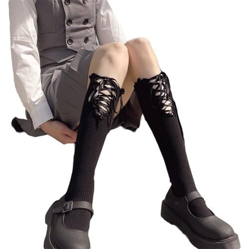 New Fashion Japanese Style Women Cotton Lace-up Solid Colour Knitted Socks For Girls Middle Tube Socks Bandage Womens Socks
