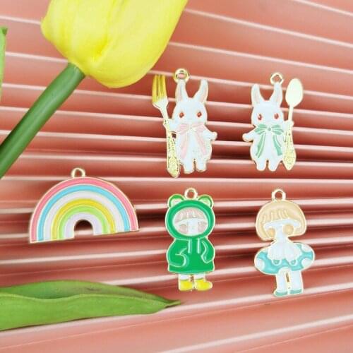 BULK! 10 Enamel Rabbit Charm with Spoon Animal Bunny Charm Rainbow Girl Charm or Pendant for Earring DIY Decoration Jewelry Make