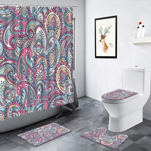 Paisley Bohemian Flowers Shower Curtains Geometric Ethnic Style Fashion Decor Bathroom Carpet Non-slip Rug Toilet Bath Mats Sets