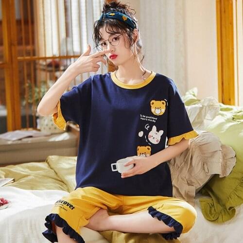Pajamas Set Calf-length Pant Women Summer Korean Style Stretchy Homewear Cotton O-neck Short Sleeve Cartoon Cute Women Sleepwear