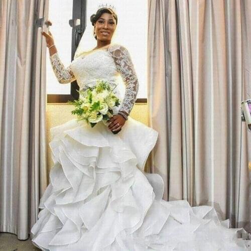 Amazing Ruffles Arabic Mermaid Wedding Dresses 2021 Plus Size African Bridal Gown Long Sleeve Bride Dress