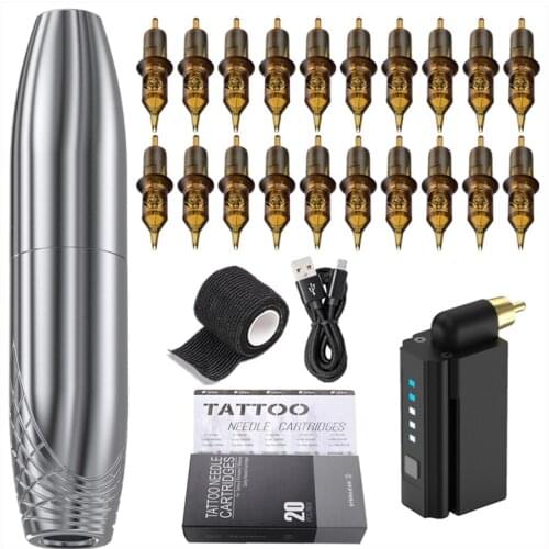 Professional Tattoo Kit Tattoo Pen RCA Connector Rotary Tattoo Gun Machine with Tattoo Needle Cartridge Wireless Battery Bandage