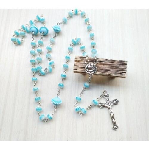 QIGO Blue Stripe Acrylic Beads Strand Necklace Metal Pendant Cross Rosary Necklace Religious Prayer Jewelry