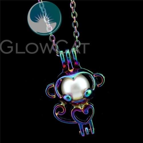 R-C70 Rainbow Colors Monkey Beads Cage Pendant Perfume Diffuser Aromatherapy Pearl Cage Locket Necklace
