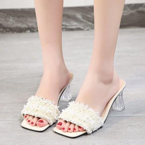 Summer Women Shoes Slippers Sandals Transparent Heels Fashion Pearl White Black Casual Slide Shoes Woman Plus Size 35-44 WSH3874