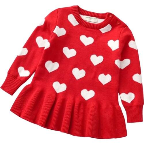 OPPERIAYA Baby Girls Dress Wool Knitting Sweater Heart Printed Lace Short Pullover round neck long sleeve Dresses for Kids