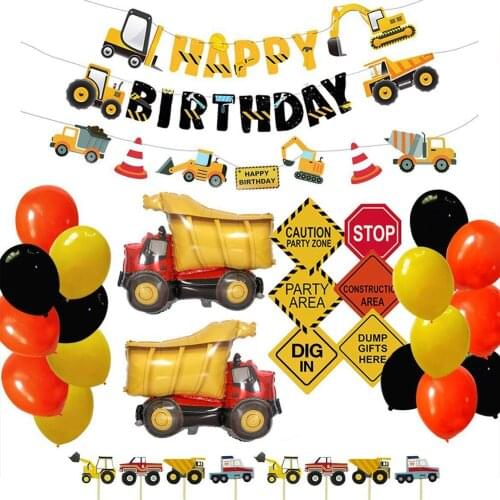 Construction Engineering Car Party Theme Decoration Banner Birthday Flag Aluminum Balloon Kids Boys Birthday Cake Insertion Card