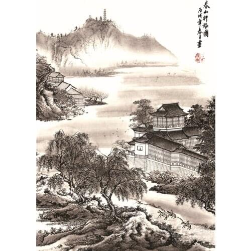Traditional Chinese painting scenery landscape picture painting on canvas giant black and white picture Spring tour in mountains