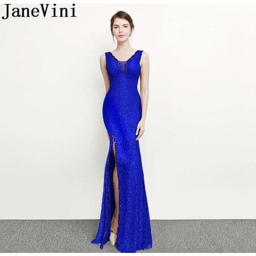 JaneVini Vestidos Vintage Lace Beaded Mother of the Bride Dresses Mermaid V Neck High Split Royal Blue Evening Gowns Jurken Lang