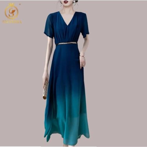 High-Quality Luxury Design Runway Gradient Color Chiffon Maxi Dress Sexy V-Neck Slim Short Sleeve Summer Dress Womens Clothes