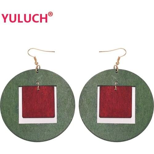 YULUCH New Design Two-color Mix and Match Wooden Round Copper Coins Wood Pendant Earrings for Fashion Women Jewelry Gifts