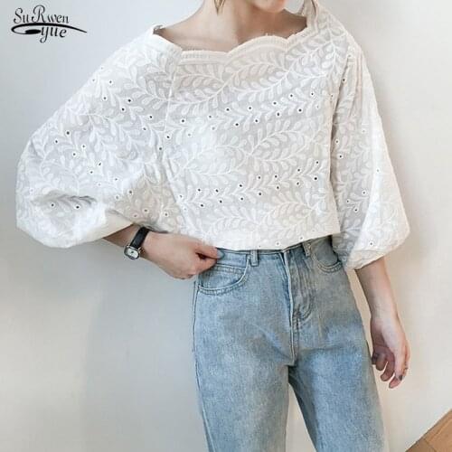 New Arrival Summer Autumn Korean Fashion Women Loose 3/4 Sleeve Embroidery Lace Shirt Sweet Cute Slash Neck White Blouse 15573