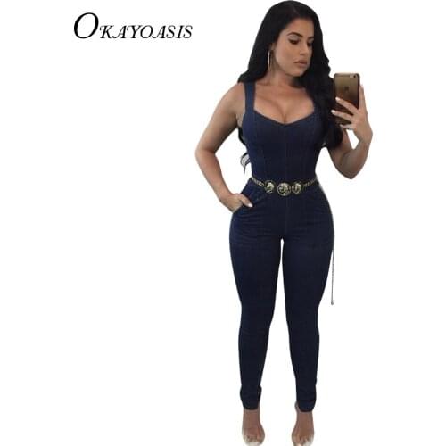 Sexy Women Jeans Jumpsuit Strap Sleeveless Pockets Denim Rompers Bodycon Jumpsuit Elegant Overalls Club Wear Bodysuits S-3XL
