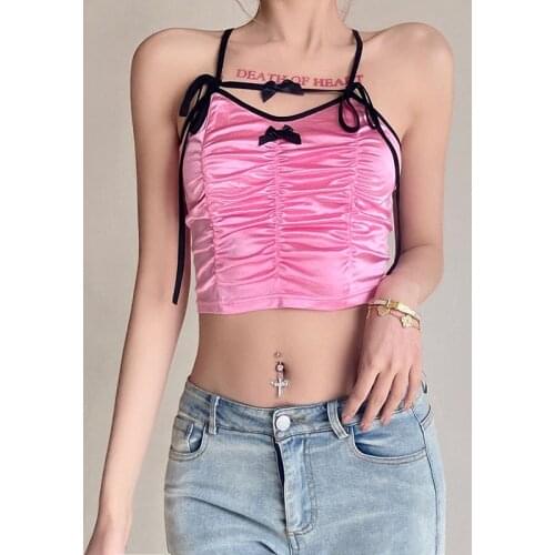 Summer Sexy Ruched Camisole Female Ladies V-Neck Knotbow Decor Color Block Wild Slim Fit Back Cross Strap Pink Sling Tops
