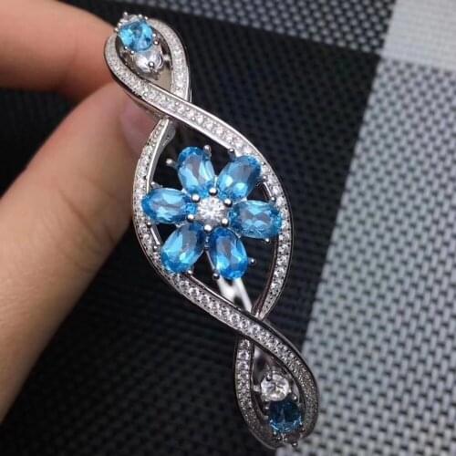 Elegant fashion Natural blue topaz Flower across Bangles Natural gemstone Bangles S925 silver bracelet women party fine jewelry