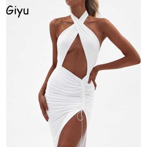Giyu Sexy Halter Hollow Out Woman Long Dress Club Party Backless Drawstring Irregular Vestidos 2021 Spring Summer Femme Robe