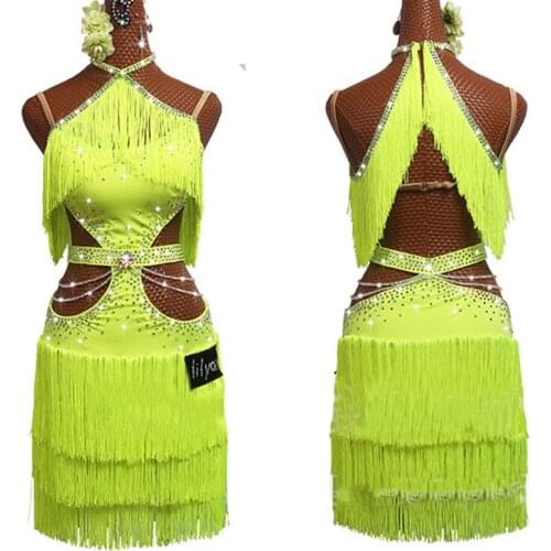 New Latin Dance Dress Women Fluorescent Yellow Dress Rhinestone Chain Performance Outfit Girls Tassel Skirt Salsa Dress BL2632