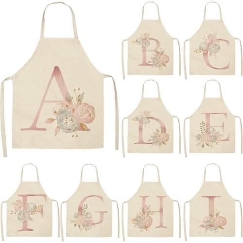 1Pcs Pink Letter Flower Cotton Linen Aprons Home Cooking Baking Coffee Shop Cleaning Apron Kitchen Accessories 53*65cm Q0006
