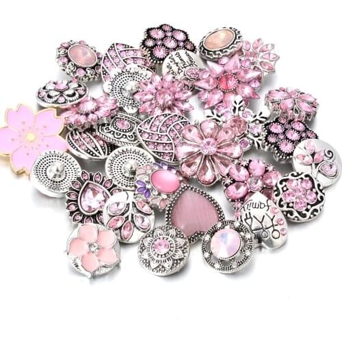 10pcs/lot Wholsale 18mm Snap Jewelry Mixed Pink Metal Rhinestone Snap Buttons Fit Snap Bracelet Bangles Necklaces