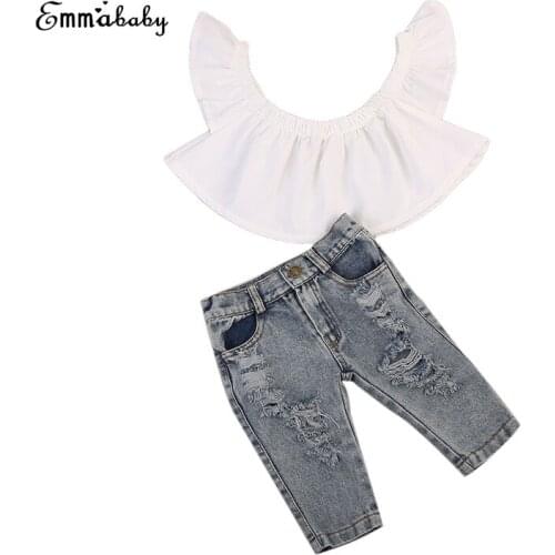 Fashion Newborn Toddler Kids Girls Summer Outfit Off shoulder Crop Tops White Hole Denim Pant Ripped Jean 2PCS Children Set