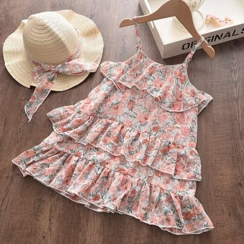 2021 Summer Girls Chiffon Floral Dresses for Toddler Baby Clothes Kids Girls Bohemian Beach Sundress with Hat Children Clothing