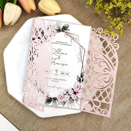 50X Pink Shiny Wedding Party Invitation DIY Laser Cut Sweet Fifteen Birthday Cards Customized Print Marriage Invites W Envelope