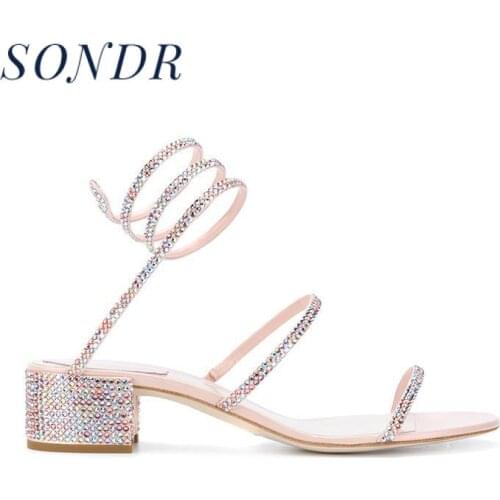 Brand Designer Fashion Holiady Beach Women Shoes 2020 Snake-shaped Winding Sandals Chunky Heel Buckle Open-toe Sandals 33-40