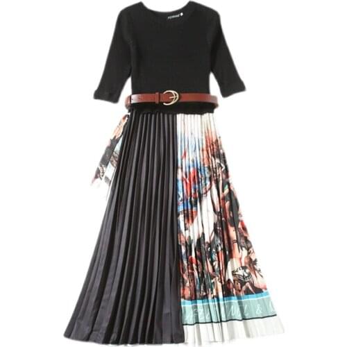 Menahem Elegant O Neck Half Sleeve Patchwork Knit Dress Women Hit Color Printed Draped Vestidos High Waist Sashes Pleated Dress
