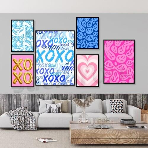 Hypnotic pink heart art,Blue XOXO wall art ,Preppy wall art, Preppy poster print, Preppy room decor