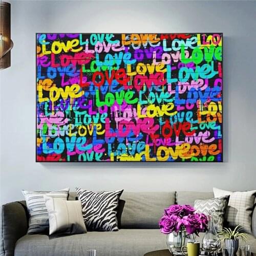 Graffiti Art of Love and Heart Canvas Paintings on The Wall Abstract Colorful Letterrs Pictures Prints for Kids Room Decor