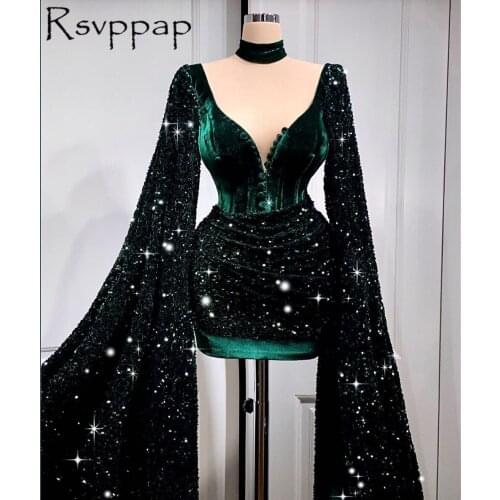 Short Prom Dresses 2021 African Girl Dark Green Sparkly Sequin V-neck With Long Sleeves Party Prom Dress