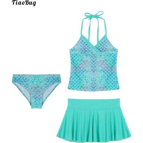 TiaoBug Summer 3Pcs Kids Girls Tankini Swimwear Swimsuit Scales Floral Print Swimming Halter Tops With Skirt And Briefs Sets