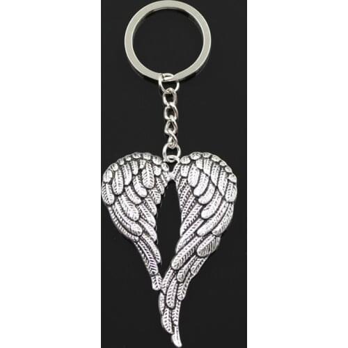 Fashion 30mm Key Ring Metal Key Chain Keychain Jewelry Antique Bronze Silver Color Plated Angel Wings 67x42mm Pendant