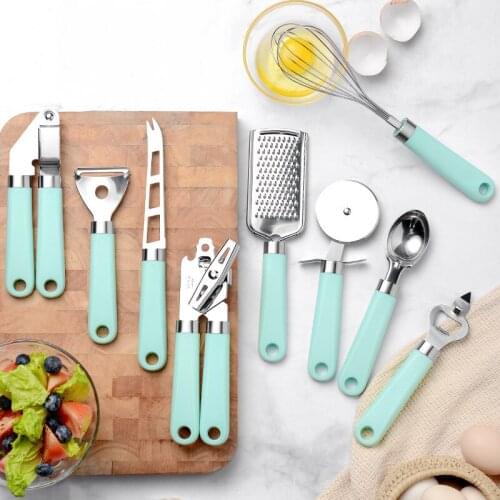 Set of 9 Stainless Steel and Plastic Kitchen Gadgets Set Egg Cheese Cutter Tools Whisk Meat Peeling Garlic Can Bottle Opener