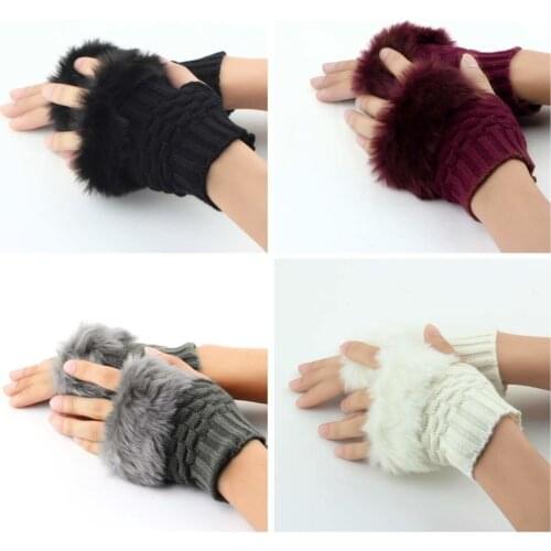 Girls Fingerless Gloves Cute Faux Rabbit Fur Knitted Gloves Women Winter Knitting Warmer Wrist Hand Gloves Mitten