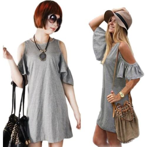 Off-shoulder Ruffles Short Sleeve Ladies Dresses Grey and Black Solid Colors Mini Dress Summer Sexy Fashion Clothing Loose Dress
