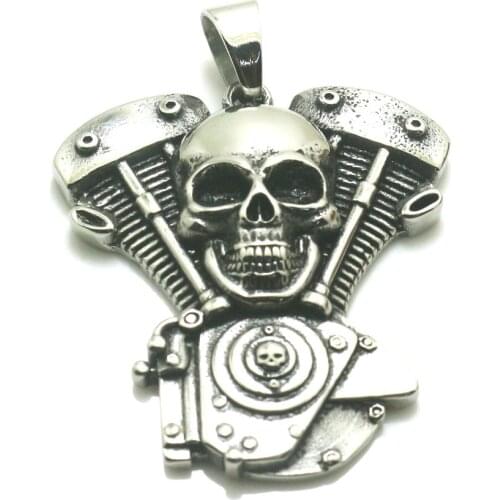 316L Stainless Steel Big Engine Motorcycle Biker Skull Pendant