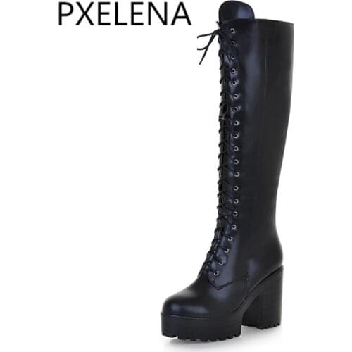PXELENA Punk Rock Gothic Boots Women Lace Up Size Zipper Chunky Block High Heels Platform Knee High Riding Boots Ladies Shoes