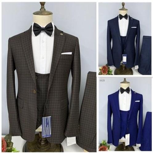 Tailor made Dark brown Plaid wedding suits men 3-piece formal male Maroon Large size Tuxedos groom fashion casual Blazer Jacket