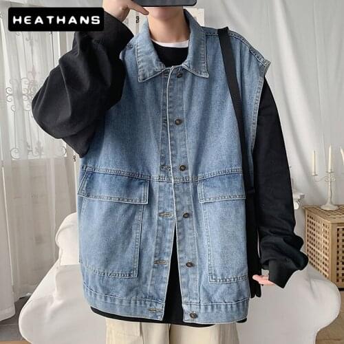 Spring Denim Vest Mens Jacket Loose Korean Style Vest Jacket Solid Color Turn-down Collar Harajuku Clothes Handsome Jean Jacket