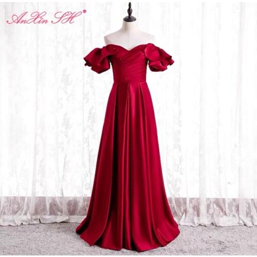AnXin SH princess wine red satin evening dress vintage party boat neck beading pearls ruffles a line long bride evening dress