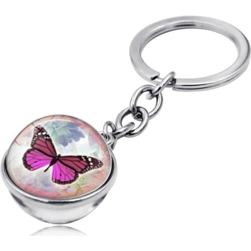 Vintage Keychain Jewelry with Glass Cabochon Butterfly Shaped Double Glass Ball Car Keychain for Men Women Gift