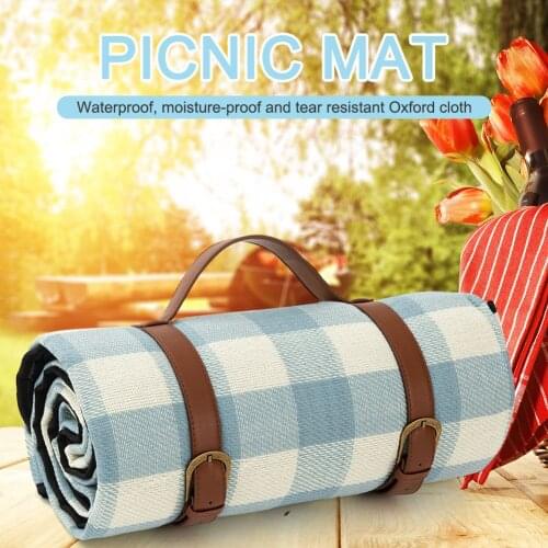 Picnic Leather Blanket Blue Grid Waterproof Portable Camping Mat Blanket Foldable Leather Outdoor Camping Hiking Beach Blanket