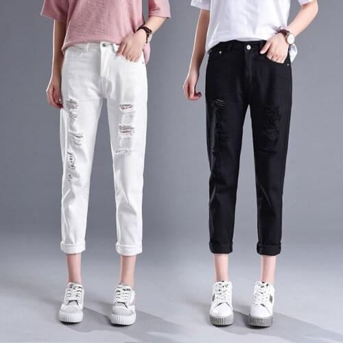Womens 2018 summer new jeans loose thin section Harlan Korean version of the hole Slim was thin nine points pants TB1891