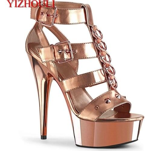 15CM womens ultra-high heel pole dancing sandals, rivet vamp electroplated thin heels, model stage performance shoes
