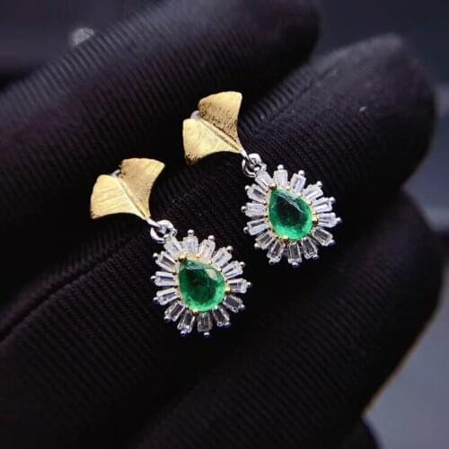 Natural green Emerald water drop earrings 925 silver natural gemstone earrings Fashion lovely Ginkgo biloba women party jewelry