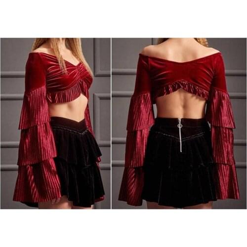 Women Velvet OFF-Shoulder Flared Pleated Sleeves / Cros Chest Detail / Sexy Red Burgundy Crop Top / XMAS