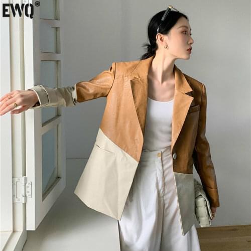 [EWQ] Women Designer Ladies Coat Faux Leather Jacket High Street Fashion 2021 Autumn Patchwork Leather Blazer Jacket